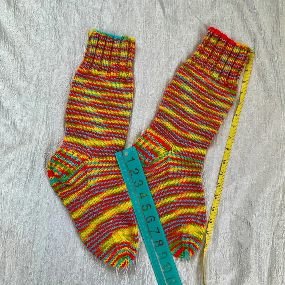 Hand Knit Rainbow Striped Crew‎ Slipper Socks Multicolored Boho Cozy Unisex